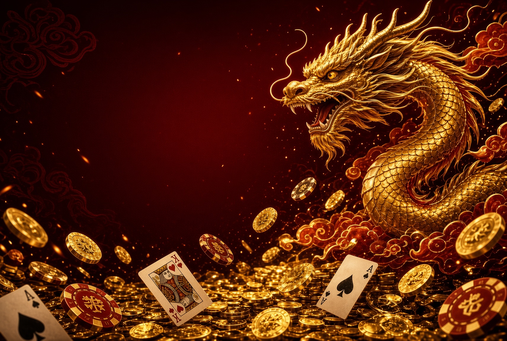Golden Chinese dragon rising over casino chips, gold coins and playing cards